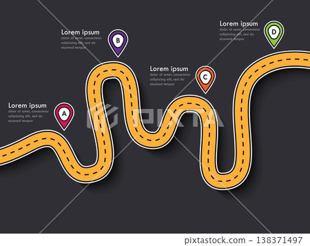 Road trip and Journey route. Business and Journey Infographic Design Template with pin pointer and place for your data. Winding roads. Modern flat design thin line infographic. Vector EPS 10 138371497