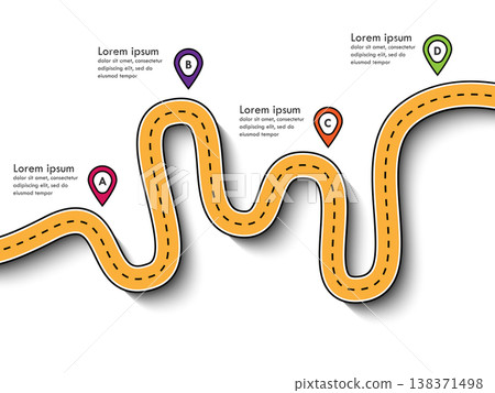 Road trip and Journey route. Business and Journey Infographic Design Template with pin pointer and place for your data. Winding roads. Modern flat design thin line infographic. Vector EPS 10 138371498