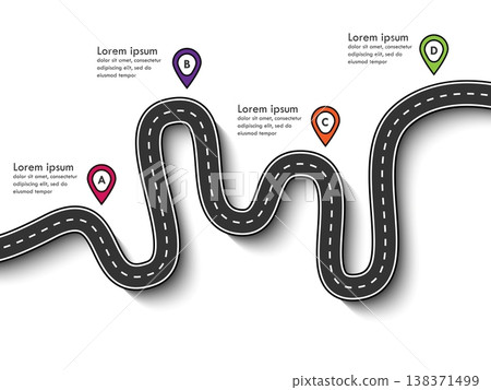 Road trip and Journey route. Business and Journey Infographic Design Template with pin pointer and place for your data. Winding roads. Modern flat design thin line infographic. Vector EPS 10 138371499