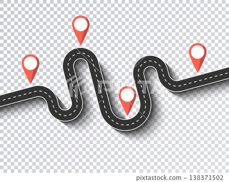 Road trip and Journey route. Business and Journey Infographic Flat Design Template with pin pointer. Winding road on a transparent background. Stylish streamers. Vector EPS 10 Road trip and Journey route. Business and Journey Infographic Flat Design Template with pin pointer. Winding road on a transparent background. Stylish streamers. Vector EPS 10 138371502