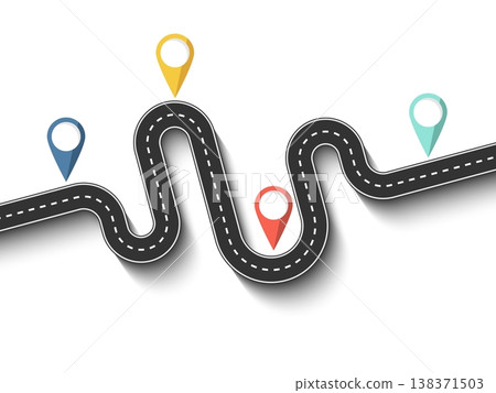 Road trip and Journey route. Business and Journey Infographic Flat Design Template with pin pointer. Winding road on a white background. Stylish streamers. Vector EPS 10 Road trip and Journey route. Business and Journey Infographic Flat Design Template with pin pointer. Winding road on a white background. Stylish streamers. Vector EPS 10 138371503
