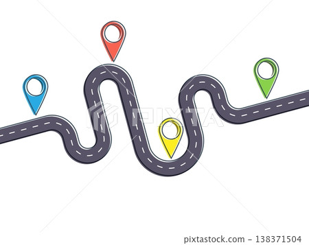 Road trip and Journey route. Journey Infographic Flat Design Template with pin pointer. Winding road on a colorful background. Stylish streamers. Modern flat design thin line banner. Vector EPS 10 Road trip and Journey route. Journey Infographic Flat Design Template with pin pointer. Winding road on a colorful background. Stylish streamers. Modern flat design thin line banner. Vector EPS 10 138371504