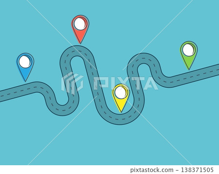Road trip and Journey route. Journey Infographic Flat Design Template with pin pointer. Winding road on a colorful background. Stylish streamers. Modern flat design thin line banner. Vector EPS 10 Road trip and Journey route. Journey Infographic Flat Design Template with pin pointer. Winding road on a colorful background. Stylish streamers. Modern flat design thin line banner. Vector EPS 10 138371505