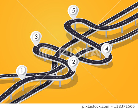 Road trip and Journey route background. Business and Journey Infographic Design Template. Stylish 3D Winding roads of the flyover. Vector EPS 10 Road trip and Journey route background. Business and Journey Infographic Design Template. Stylish 3D Winding roads of the flyover. Vector EPS 10 138371506