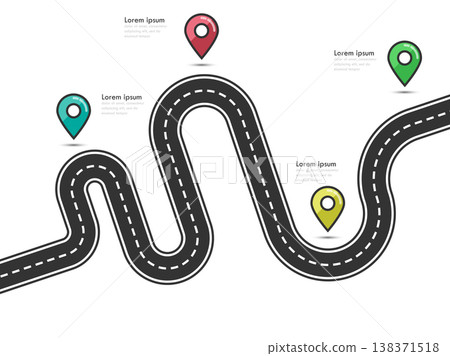Road way location infographic template with pin pointer. Winding road on a colorful background. Stylish streamers. Vector EPS 10 Road way location infographic template with pin pointer. Winding road on a colorful background. Stylish streamers. Vector EPS 10 138371518