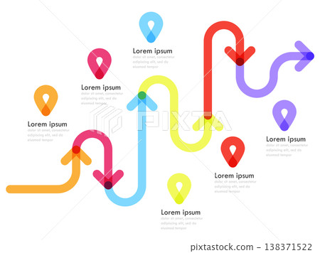 Road way location infographic template with a phased structure and pin pointer. Winding road timeline. Stylish Serpentine in the form of line arrows. Vector EPS 10 Road way location infographic template with a phased structure and pin pointer. Winding road timeline. Stylish Serpentine in the form of line arrows. Vector EPS 10 138371522