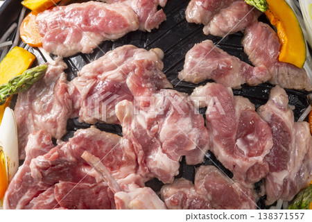 Grilled lamb. Lamb cooking process. 138371557