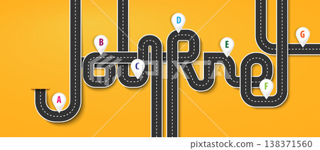 Road trip and Journey route. Business and Journey Infographic Design Template with pin pointer. Winding road on a colorful background. Stylish streamers. Vector EPS 10 Road trip and Journey route. Business and Journey Infographic Design Template with pin pointer. Winding road on a colorful background. Stylish streamers. Vector EPS 10 138371560