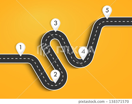Road way location infographic template with pin pointer. Winding road on a colorful background. Stylish streamers. Vector EPS 10 Road way location infographic template with pin pointer. Winding road on a colorful background. Stylish streamers. Vector EPS 10 138371570