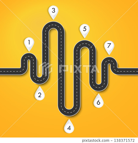 Road way location infographic template with pin pointer. Winding road on a colorful background. Stylish streamers. Vector EPS 10 Road way location infographic template with pin pointer. Winding road on a colorful background. Stylish streamers. Vector EPS 10 138371572