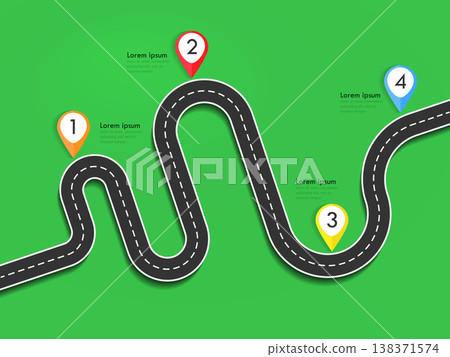 Road way location infographic template with pin pointer. Winding road on a colorful background. Stylish streamers. Vector EPS 10 Road way location infographic template with pin pointer. Winding road on a colorful background. Stylish streamers. Vector EPS 10 138371574
