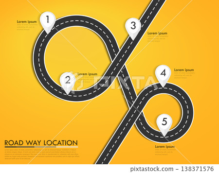 Road way location infographic template with pin pointer. Winding road on a colorful background. Stylish streamers. Vector EPS 10 Road way location infographic template with pin pointer. Winding road on a colorful background. Stylish streamers. Vector EPS 10 138371576