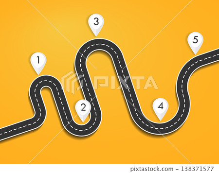 Road way location infographic template with pin pointer. Winding road on a colorful background. Stylish streamers. Vector EPS 10 Road way location infographic template with pin pointer. Winding road on a colorful background. Stylish streamers. Vector EPS 10 138371577