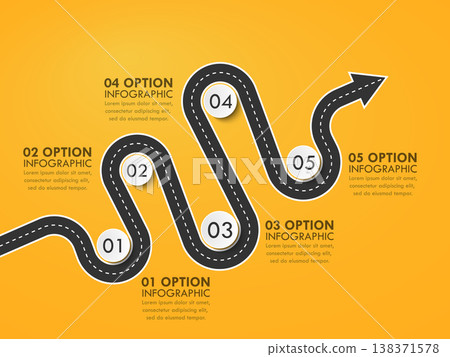 Road way location infographic template with a phased structure. Winding road timeline. Stylish Serpentine in the form of arrows. Vector EPS 10 Road way location infographic template with a phased structure. Winding road timeline. Stylish Serpentine in the form of arrows. Vector EPS 10 138371578