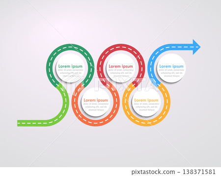 Road way location infographic template with a phased structure. Winding road timeline. Stylish Serpentine in the form of arrows. Vector EPS 10 Road way location infographic template with a phased structure. Winding road timeline. Stylish Serpentine in the form of arrows. Vector EPS 10 138371581