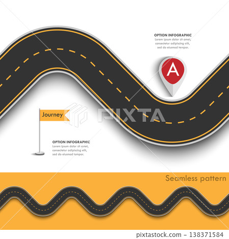 Road trip and Journey route with pin pointer. Business and Journey Infographic Design Template with flags and place for your data. Seamless Winding road on a colorful background. Vector EPS 10 Road trip and Journey route with pin pointer. Business and Journey Infographic Design Template with flags and place for your data. Seamless Winding road on a colorful background. Vector EPS 10 138371584