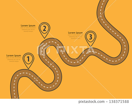 Road trip and Journey route. Business and Journey Infographic Design Template with flags and place for your data. Winding road on a colorful background. Stylish streamers. Vector EPS 10 Road trip and Journey route. Business and Journey Infographic Design Template with flags and place for your data. Winding road on a colorful background. Stylish streamers. Vector EPS 10 138371588