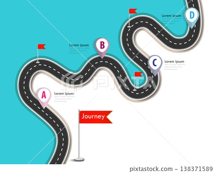 Road trip and Journey route. Business and Journey Infographic Design Template with flags and place for your data. Winding road on a colorful background. Stylish streamers. Vector EPS 10 Road trip and Journey route. Business and Journey Infographic Design Template with flags and place for your data. Winding road on a colorful background. Stylish streamers. Vector EPS 10 138371589