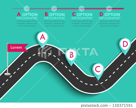 Road trip and Journey route. Business and Journey Infographic Design Template with flags and place for your data. Winding road on a colorful background. Stylish streamers. Vector EPS 10 Road trip and Journey route. Business and Journey Infographic Design Template with flags and place for your data. Winding road on a colorful background. Stylish streamers. Vector EPS 10 138371591