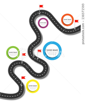 Road trip and Journey route. Business and Journey Infographic Design Template with flags and place for your data. Winding road on a colorful background. Stylish streamers. Vector EPS 10 Road trip and Journey route. Business and Journey Infographic Design Template with flags and place for your data. Winding road on a colorful background. Stylish streamers. Vector EPS 10 138371593