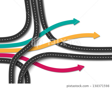 Road trip and Journey route. Business and Journey Infographic. Stylish Serpentine in the form of arrows. Winding roads on a colorful background. Vector EPS 10 Road trip and Journey route. Business and Journey Infographic. Stylish Serpentine in the form of arrows. Winding roads on a colorful background. Vector EPS 10 138371598