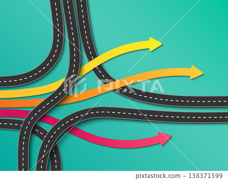 Road trip and Journey route. Business and Journey Infographic. Stylish Serpentine in the form of arrows. Winding roads on a colorful background. Vector EPS 10 Road trip and Journey route. Business and Journey Infographic. Stylish Serpentine in the form of arrows. Winding roads on a colorful background. Vector EPS 10 138371599