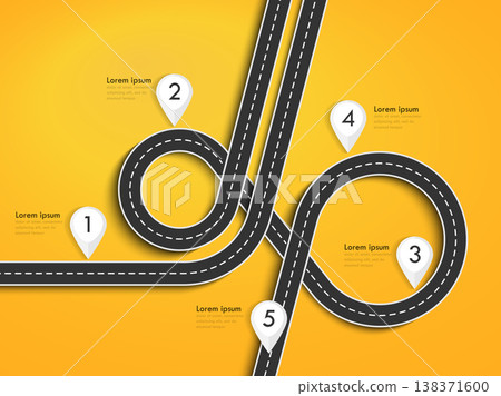 Road trip and Journey route. Winding Road on a Colorful Background with pin pointer.Vector EPS 10 Road trip and Journey route. Winding Road on a Colorful Background with pin pointer.Vector EPS 10 138371600