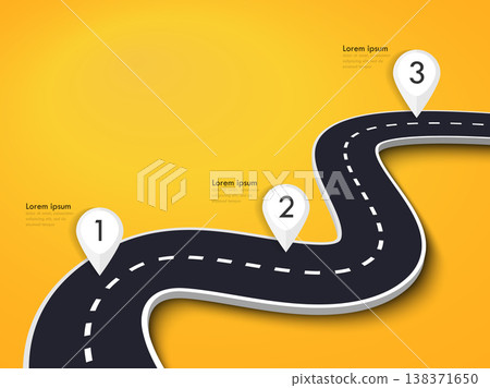 Winding Road on a Colorful Background. Road way location infographic template with pin pointer. Vector EPS 10 Winding Road on a Colorful Background. Road way location infographic template with pin pointer. Vector EPS 10 138371650