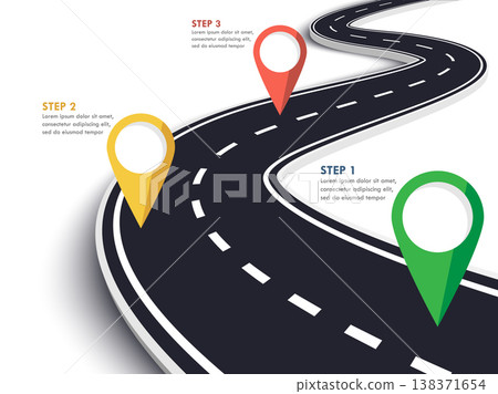 Winding Road on a White Isolated Background. Road way location infographic template with pin pointer. Vector EPS 10 Winding Road on a White Isolated Background. Road way location infographic template with pin pointer. Vector EPS 10 138371654