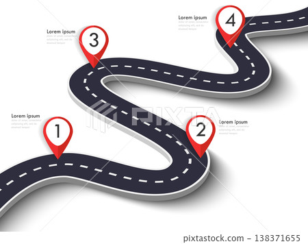 Winding Road on a White Isolated Background. Road way location infographic template with pin pointer. Vector EPS 10 Winding Road on a White Isolated Background. Road way location infographic template with pin pointer. Vector EPS 10 138371655