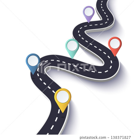 Winding Road on a White Isolated Background. Road way location infographic template with pin pointer. Vector EPS 10 Winding Road on a White Isolated Background. Road way location infographic template with pin pointer. Vector EPS 10 138371827