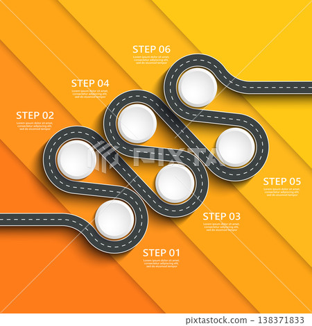 Winding road way location infographic template with a phased structure. Business circle template with options for brochure, diagram, workflow, timeline, web design. Vector EPS 10 Winding road way location infographic template with a phased structure. Business circle template with options for brochure, diagram, workflow, timeline, web design. Vector EPS 10 138371833