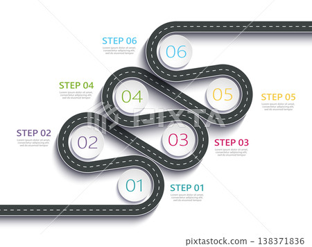 Winding road way location infographic template with a phased structure. Business circle template with options for brochure, diagram, workflow, timeline, web design. Vector EPS 10 Winding road way location infographic template with a phased structure. Business circle template with options for brochure, diagram, workflow, timeline, web design. Vector EPS 10 138371836