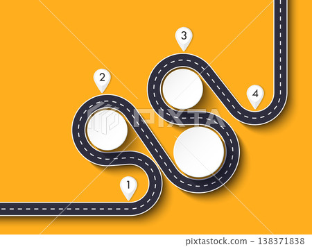 Winding road way location infographic template with a phased structure. Business circle template with options for brochure, diagram, workflow, timeline, web design. Vector EPS 10 138371838
