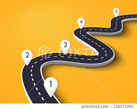 Winding Road on a Colorful Background. Road way location infographic template with pin pointer. Vector EPS 10 Winding Road on a Colorful Background. Road way location infographic template with pin pointer. Vector EPS 10 138371842