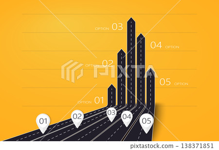 Modern 3D arrow roads map of business and journey infographic with five options for brochure, diagram, workflow, timeline, web design. Vector EPS 10 138371851