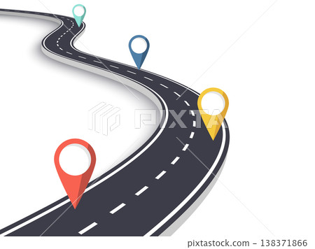 Winding Road on a White Isolated Background. Road way location infographic template with pin pointer. Vector EPS 10 Winding Road on a White Isolated Background. Road way location infographic template with pin pointer. Vector EPS 10 138371866