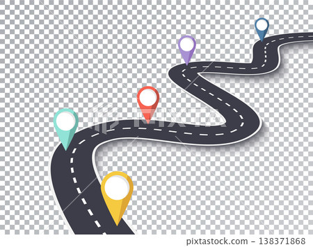 Winding Road Isolated Transparent Special Effect. Road way location infographic with template pin pointer. Vector EPS 10 138371868