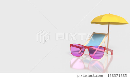 Summer Beach Vacation Accessories With Sunglasses And Umbrella 3d render. Summer Beach Vacation Accessories With Sunglasses And Umbrella 3d render. 138371885
