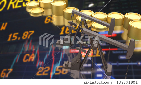 Oil Pump Jack With Stock Market And Gold Coins Concept 3d render. Oil Pump Jack With Stock Market And Gold Coins Concept 3d render. 138371901