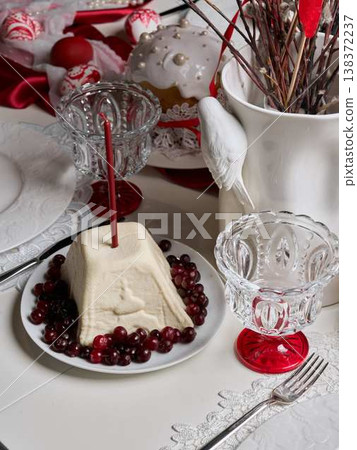 Refined presentation of festive cranberry molded dessert Refined presentation of festive cranberry molded dessert 138372237