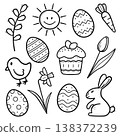 Easter set with cute bunny, chicken, eggs, easter cake, sun, carrot, pussy willow, tulip, narcissus. Hand drawn sketch style. Vector illustration in doodle line style. 138372239