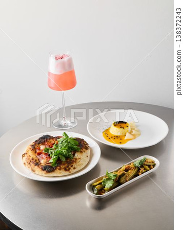 Artistic plating showcasing variety of colorful breakfast favorites Artistic plating showcasing variety of colorful breakfast favorites 138372243