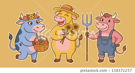 Cute cartoon cows. Cow in floral wreath with basket of fresh apples, laughing cow in hat with sunflowers, farmer cow holding pitchfork. Vector set of stickers Cute cartoon cows. Cow in floral wreath with basket of fresh apples, laughing cow in hat with sunflowers, farmer cow holding pitchfork. Vector set of stickers 138372257