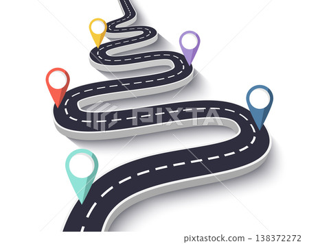 Winding Road on a White Isolated Background. Road way location infographic template with pin pointer. Vector EPS 10 Winding Road on a White Isolated Background. Road way location infographic template with pin pointer. Vector EPS 10 138372272