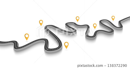 Winding Road on a White Isolated Background. Road way location infographic template with pin pointer. Vector EPS 10 Winding Road on a White Isolated Background. Road way location infographic template with pin pointer. Vector EPS 10 138372290