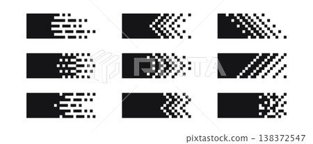 Pixel rectangle header. Pixel gradient title set. Horizontal stripe geometric mosaic banner. Abstract game digital pattern. Web title shape. Vector illustration isolated on white background Pixel rectangle header. Pixel gradient title set. Horizontal stripe geometric mosaic banner. Abstract game digital pattern. Web title shape. Vector illustration isolated on white background 138372547