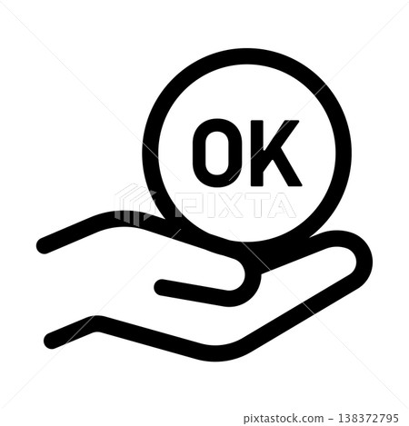 一個單色圖標,表示批准或完成,圖標上有一隻手,做出“OK”的手勢。 一個單色圖標,表示批准或完成,圖標上有一隻手,做出“OK”的手勢。 138372795