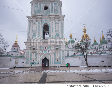 [Ukraine] The golden dome of St. Sophia Cathedral viewed over the outer wall of Kyiv, the capital city. 138372805