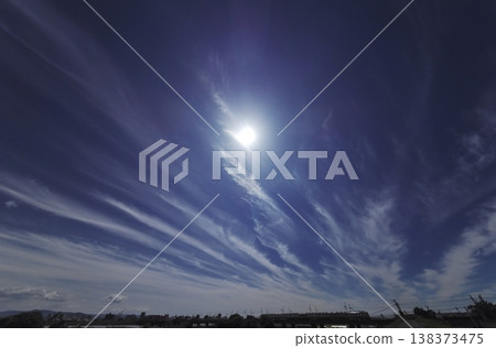 Afternoon sky with cirrus clouds and a halo - ultra-wide angle, sky-focused. 138373475